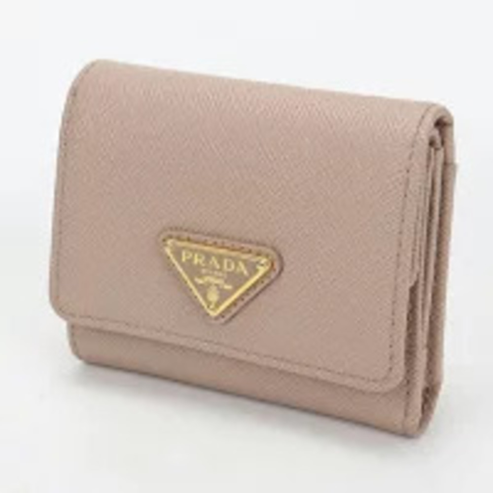 Prada Tri Cream Triangle Saffiano Compact Wallet Leather Beige fold Cream Tan